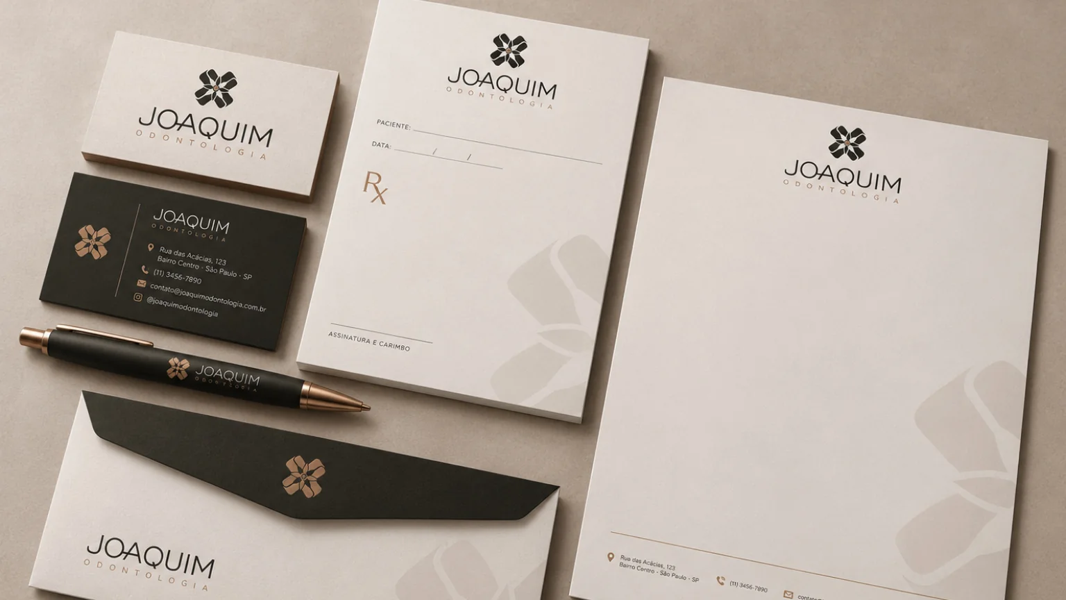 Aplicação de identidade visual em papelaria do projeto Joaquim Odontologia