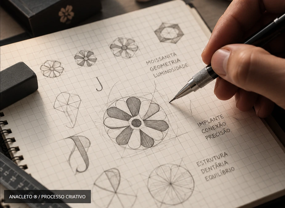 Mão desenhando estudos geométricos do símbolo Joaquim Odontologia com lapiseira sobre caderno quadriculado